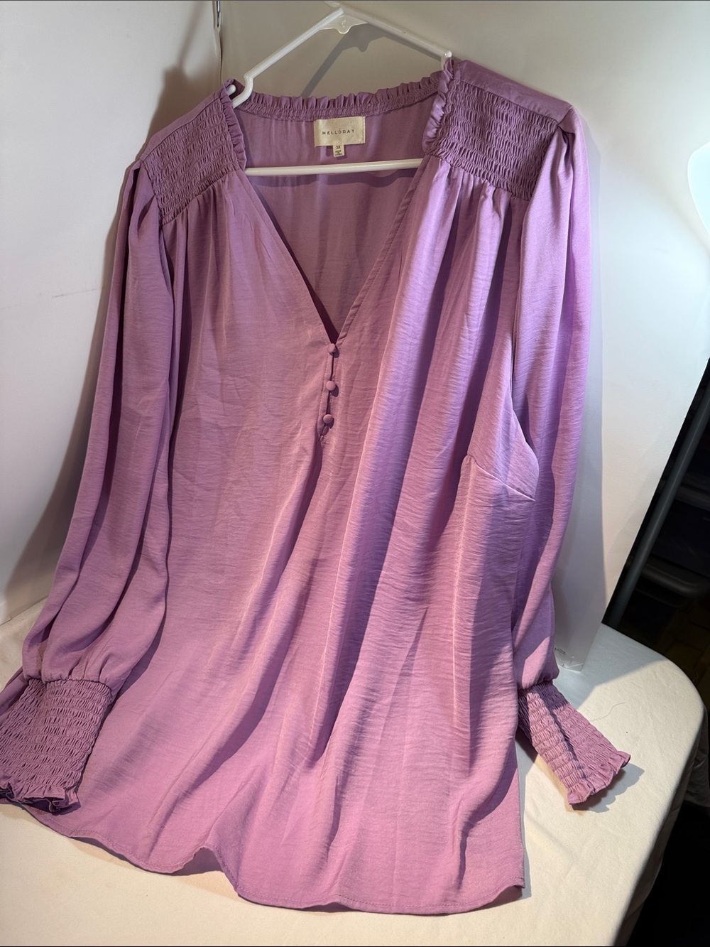 Melloday Lilac V-Neck Smocked Yoke Blouse